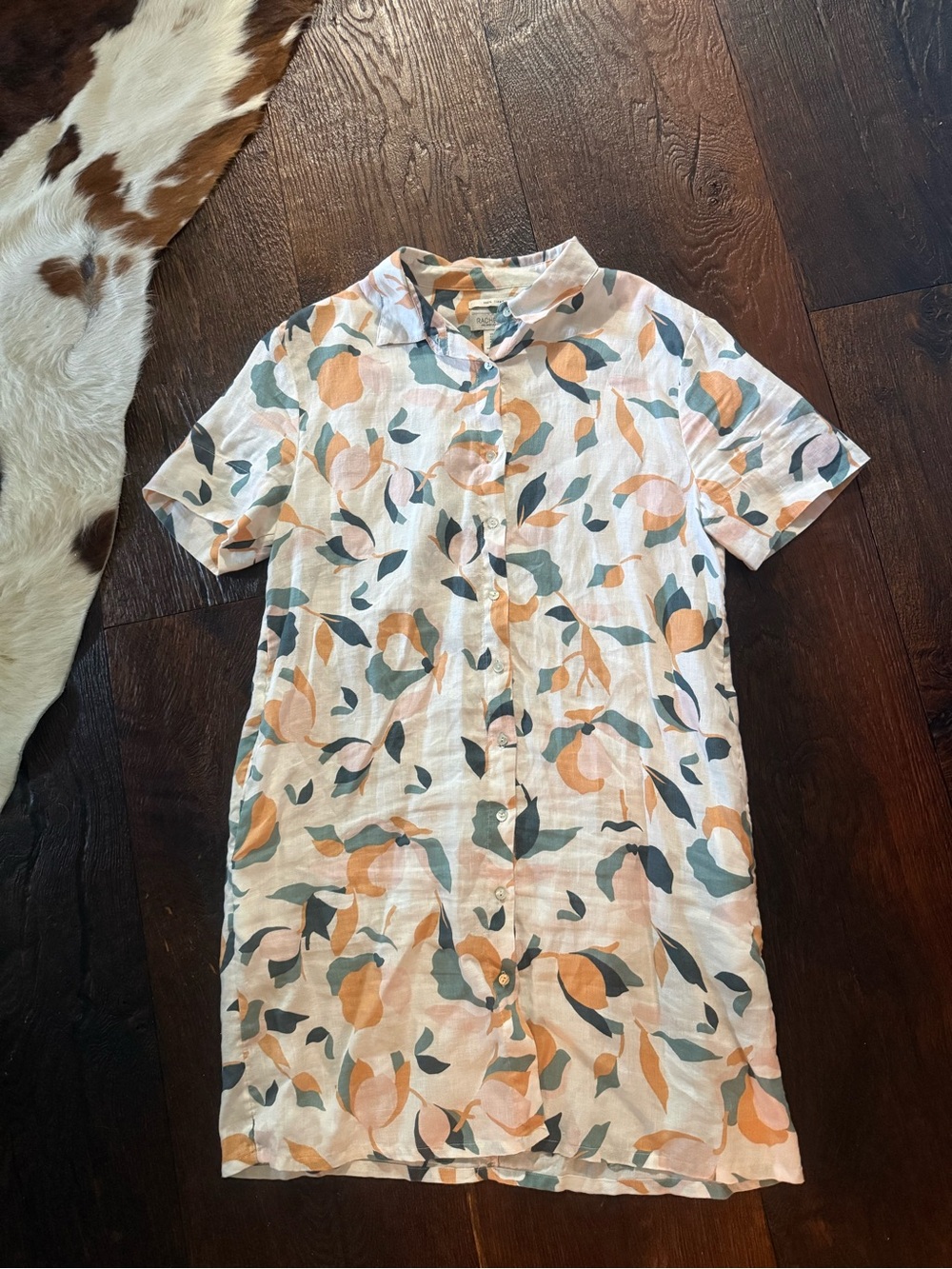 Rachel Zoe Linen Button-Front Dress in Peach, Teal & White Leaf Print